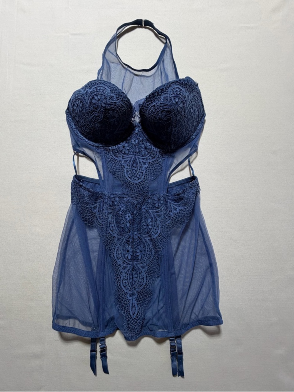 Victoria's Secret Dream Angels Embroidered Floral Corset 34C Blue Lace Coquette